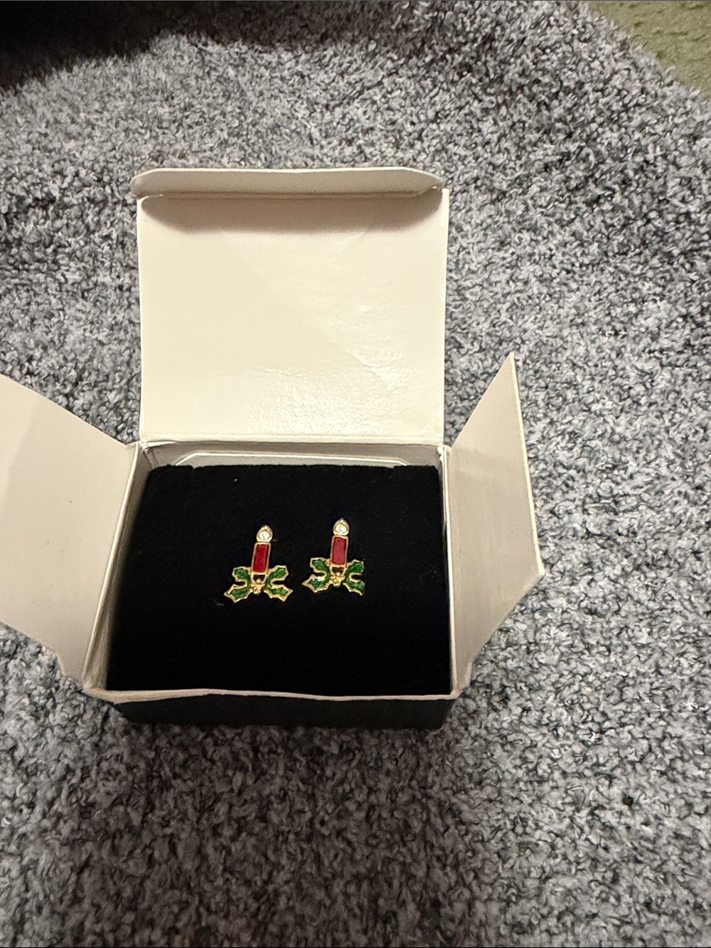 Avon Gold-Tone Red Candle Stud Earrings with Green Holly